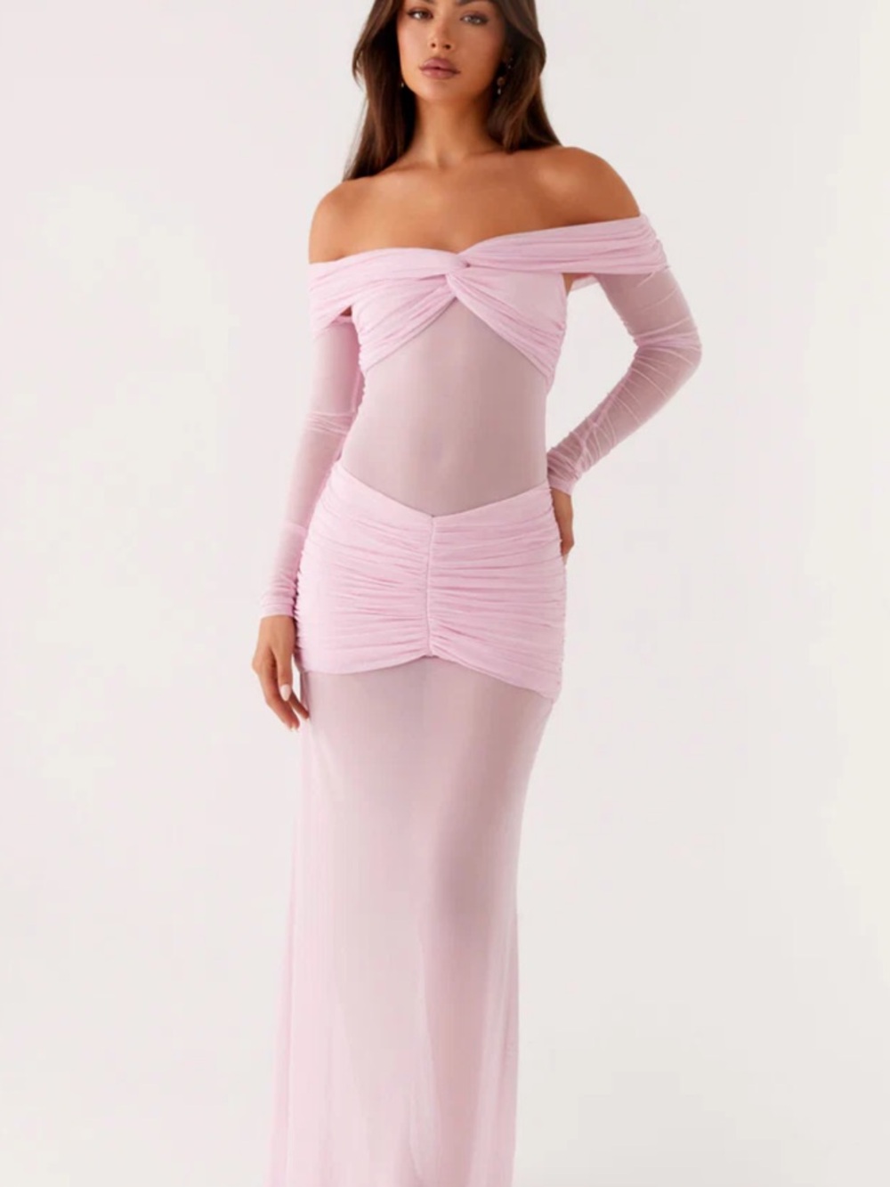 PepperMayo Off-Shoulder Pink Ruched Maxi Dress
